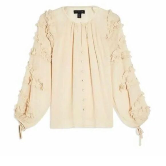 Topshop Ruffle Sheer Long Sleeve Blouse Cream 6 - Picture 3 of 10